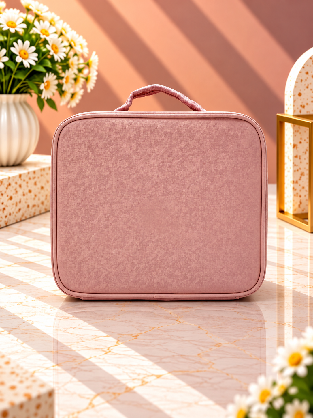 Rose-pink lighted makeup organizer case with carry handle and zip closure
